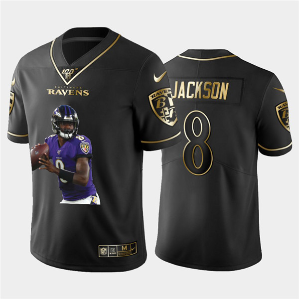 Men's Baltimore Ravens #8 Lamar Jackson Black Golden 100th Season Portrait Edition NFL Jersey