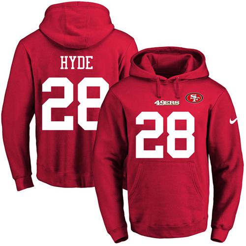 Nike 49ers #28 Carlos Hyde Red Name & Number Pullover NFL Hoodie