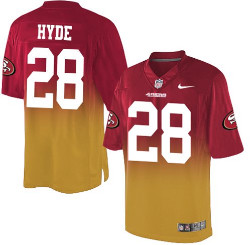 Nike 49ers #28 Carlos Hyde Red/Gold Men's Stitched NFL Elite Fadeaway Fashion Jersey