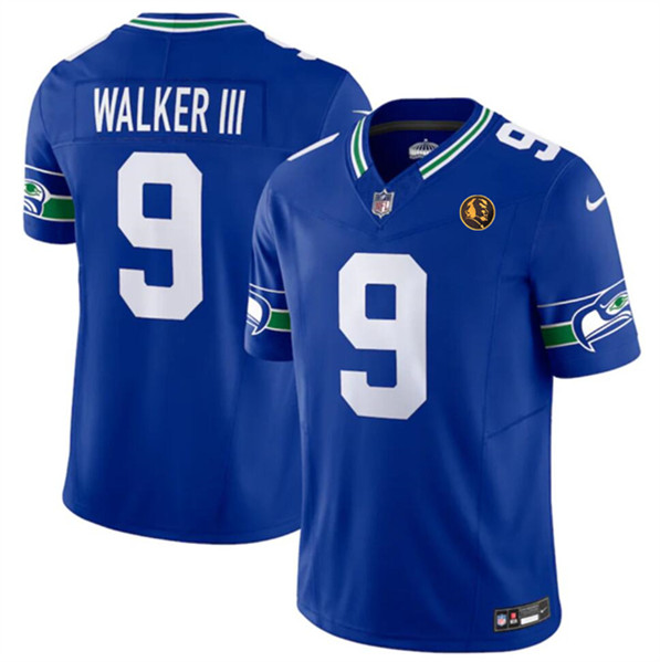 Men's Seattle Seahawks #9 Kenneth Walker III Royal 2023 F.U.S.E. Throwback With John Madden Patch Vapor Limited Football Stitched Jersey