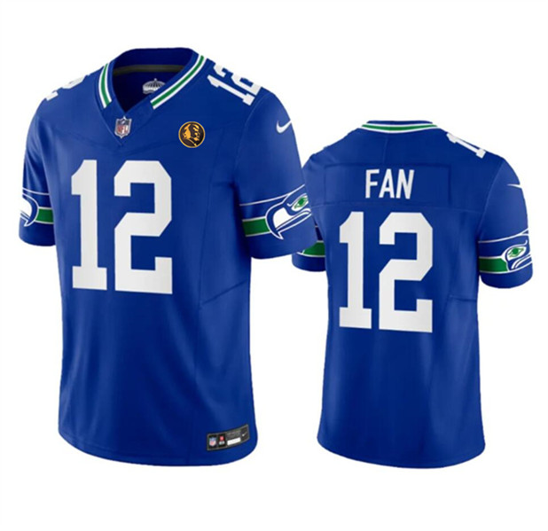 Men's Seattle Seahawks #12 Fan Royal 2023 F.U.S.E. Throwback With John Madden Patch Vapor Limited Football Stitched Jersey