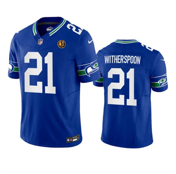 Men's Seattle Seahawks #21 Devon Witherspoon Royal 2023 F.U.S.E. Throwback With John Madden Patch Vapor Limited Football Stitched Jersey
