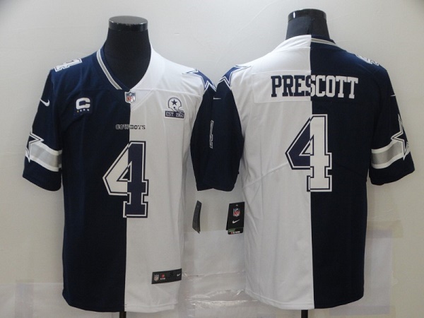 Men's Dallas Cowboys #4 Dak Prescott Navy White Split With C Patch Stitched NFL Jersey