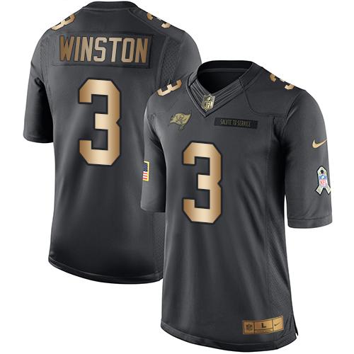 Nike Buccaneers #3 Jameis Winston Black Men's Stitched NFL Limited Gold Salute To Service Jersey