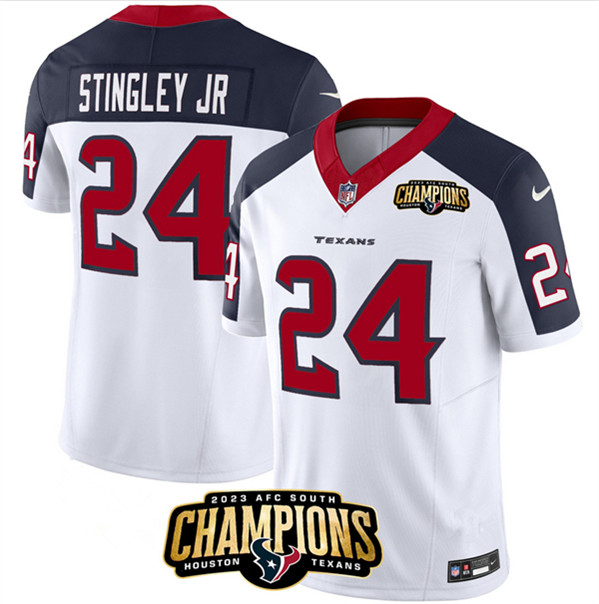 Men's Houston Texans #24 Derek Stingley Jr. White/Navy 2023 F.U.S.E. With AFC South Champions Patch And Team Logo Patch Limited Football Stitched Jersey