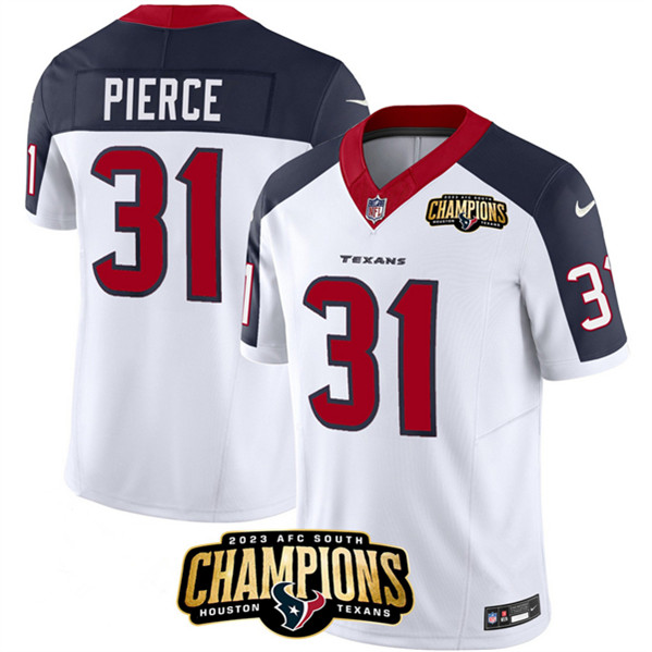 Men's Houston Texans #31 Dameon Pierce White/Navy 2023 F.U.S.E. With AFC South Champions Patch And Team Logo Patch Limited Football Stitched Jersey