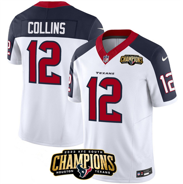 Men's Houston Texans #12 Nico Collins White/Navy 2023 F.U.S.E. With AFC South Champions Patch And Team Logo Patch Limited Football Stitched Jersey