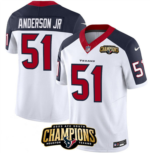 Men's Houston Texans #51 Will Anderson Jr. White/Navy 2023 F.U.S.E. With AFC South Champions Patch And Team Logo Patch Limited Football Stitched Jersey