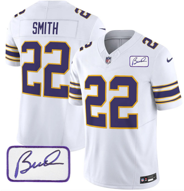 Men's Minnesota Vikings #22 Harrison Smith White 2023 F.U.S.E. Bud Grant patch Vapor Limited Stitched Jersey