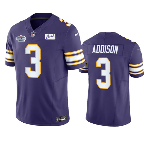 Men's Minnesota Vikings #3 Jordan Addison Purple 2023 F.U.S.E. Prem1ere Patch And Bud Grant patch Vapor Limited Stitched Jersey