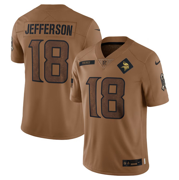 Men's Minnesota Vikings #18 Justin Jefferson 2023 Brown Salute To Service Limited Football Stitched Jersey