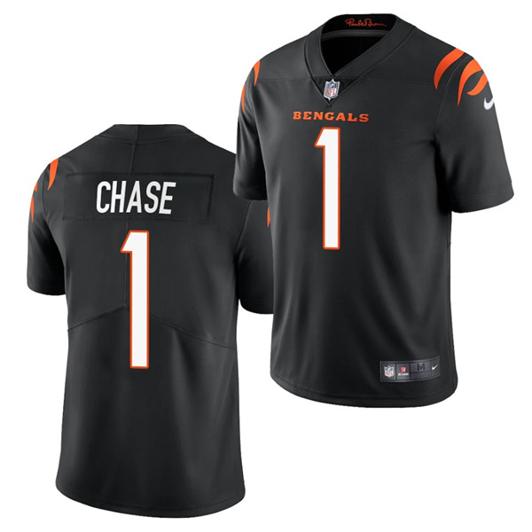 Men's Cincinnati Bengals #1 Ja'Marr Chase 2021 NFL Draft Black Vapor Limited Stitched Jersey (Check description if you want Women or Youth size)