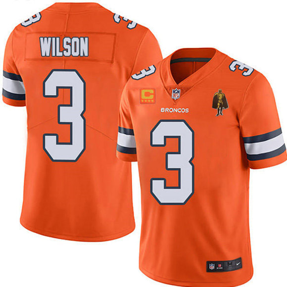 Men's Denver Broncos #3 Russell Wilson Orange With C Patch & Walter Payton Patch Limited Stitched Jersey