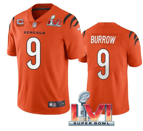 Men's Cincinnati Bengals #9 Joe Burrow 2022 Orange With C Patch Super Bowl LVI Vapor Limited Stitched Jersey