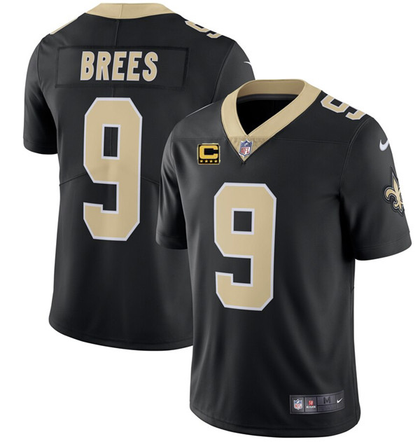 Men’s New Orleans Saints #9Drew Brees Black With C Patch Stitched NFL Limited Jersey