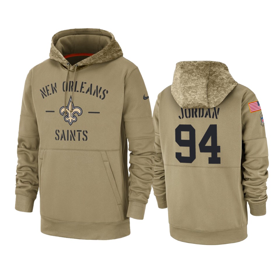 Men's New Orleans Saints #94 Cameron Jordan Tan 2019 Salute to Service Sideline Therma Pullover Hoodie