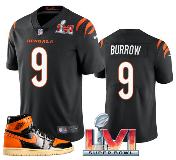 Men's Bengals #9 Joe Burrow Black 2022 Super Bowl LVI Jersey + AJ 1 Shoes