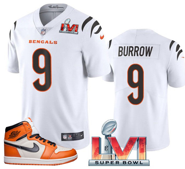 Men's Bengals #9 Joe Burrow White 2022 Super Bowl LVI Jersey + AJ 1 Shoes