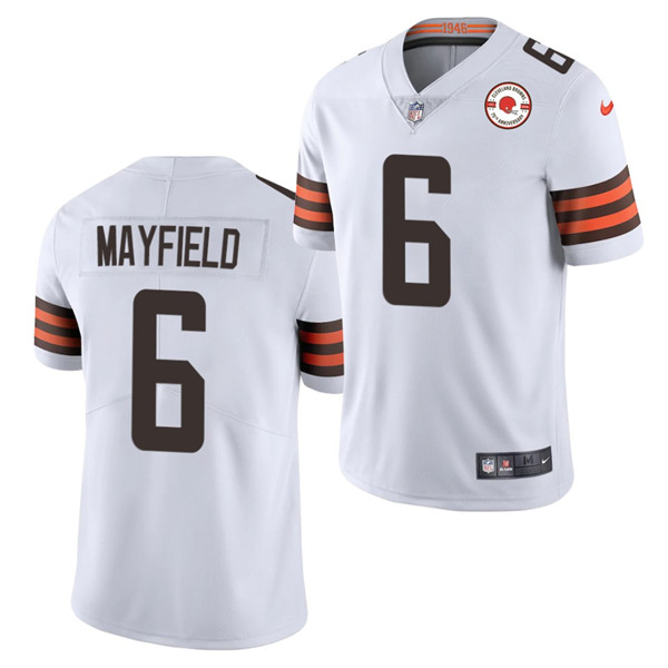 Men's Cleveland Browns #6 Baker Mayfield 2021 White 75th Anniversary Patch Vapor Untouchable Limited Stitched NFL Jersey (Check description if you want Women or Youth size)