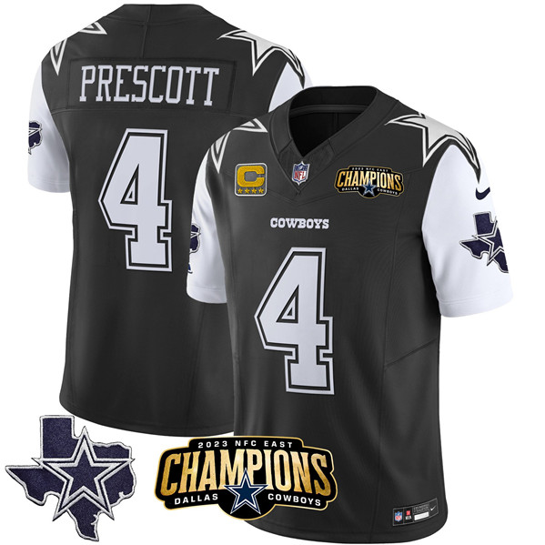 Men's Dallas Cowboys #4 Dak Prescott Black/White 2023 F.U.S.E. NFC East Champions With 4-star C Ptach Football Stitched Jersey