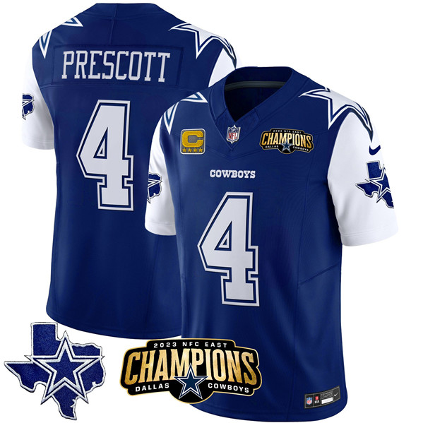 Men's Dallas Cowboys #4 Dak Prescott Blue/White 2023 F.U.S.E. NFC East Champions With 4-star C Ptach Football Stitched Jersey