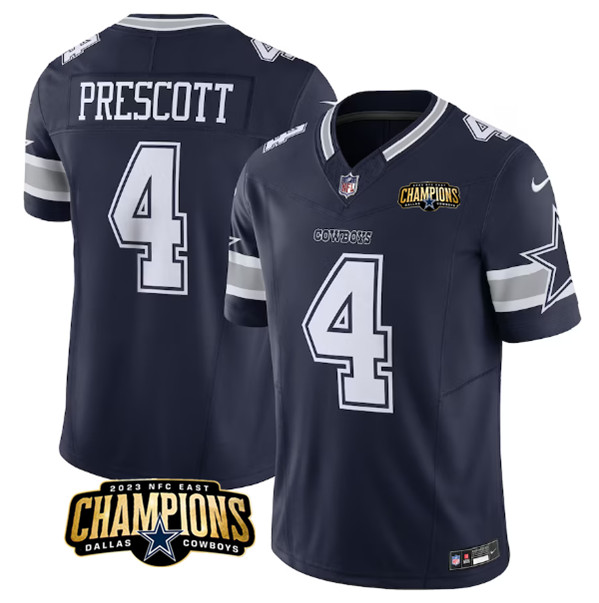 Men's Dallas Cowboys #4 Dak Prescott Navy 2023 F.U.S.E. NFC East Champions Patch Football Stitched Jersey