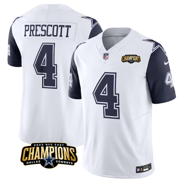 Men's Dallas Cowboys #4 Dak Prescott White/Navy 2023 F.U.S.E. NFC East Champions Patch Football Stitched Jersey