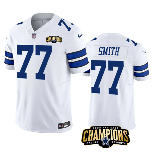 Men's Dallas Cowboys #77 Tyron Smith White 2023 F.U.S.E. NFC East Champions Patch Football Stitched Jersey