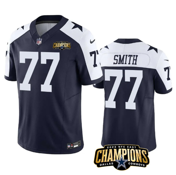 Men's Dallas Cowboys #77 Tyron Smith Navy/White 2023 F.U.S.E. NFC East Champions Patch Football Stitched Jersey