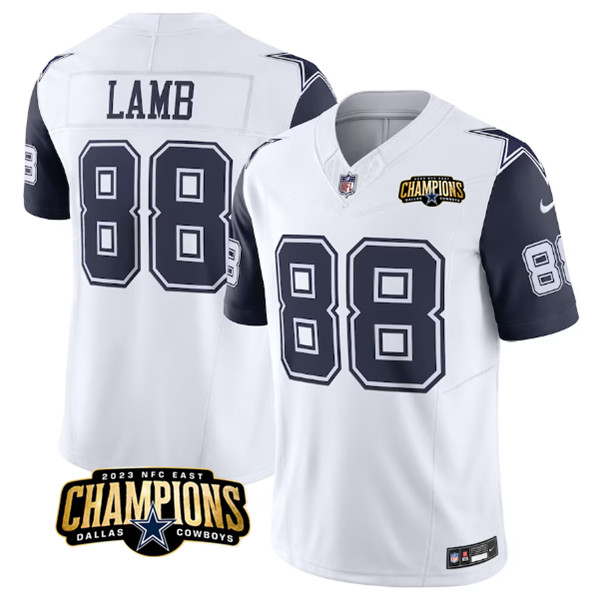 Men's Dallas Cowboys #88 CeeDee Lamb White/Navy 2023 F.U.S.E. NFC East Champions Patch Football Stitched Jersey