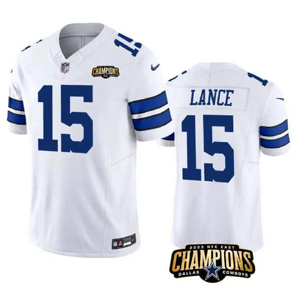 Men's Dallas Cowboys #15 Trey Lance White 2023 F.U.S.E. NFC East Champions Patch Football Stitched Jersey
