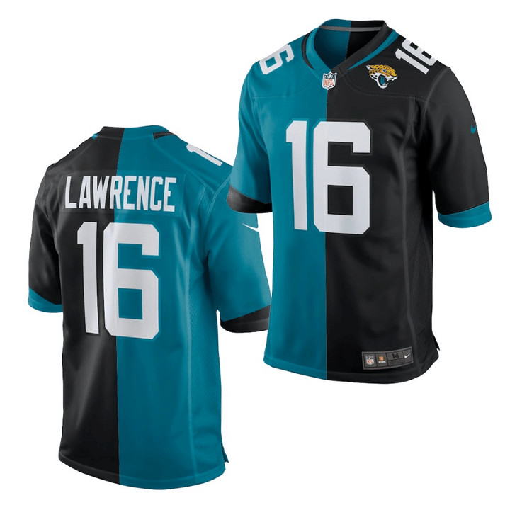 Men's Jacksonville Jaguars #16 Trevor Lawrence Teal & Black 2021 NFL Draft Split Game Jersey