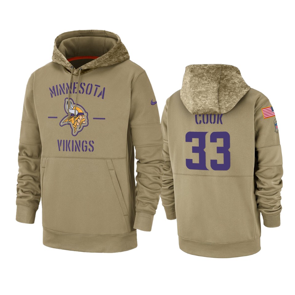 Men's Minnesota Vikings #33 Dalvin Cook Tan 2019 Salute to Service Sideline Therma Pullover Hoodie