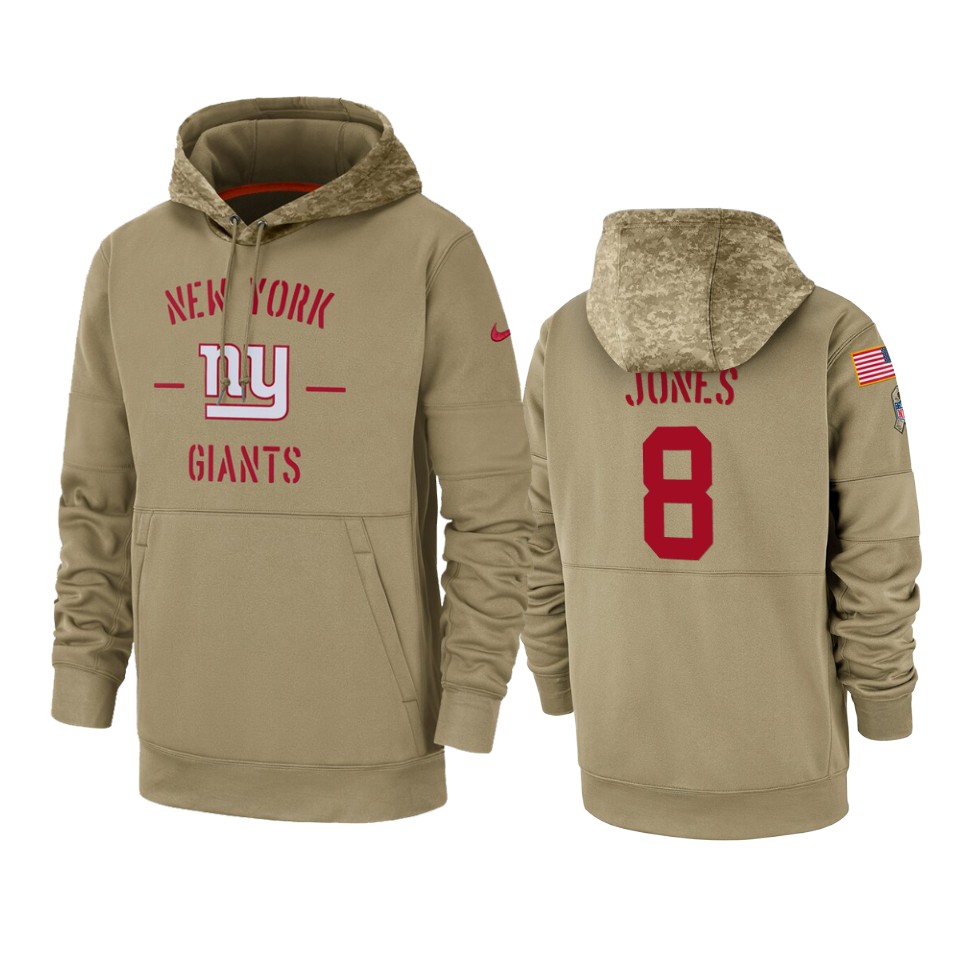 Men's New York Giants #8 Daniel Jones Tan 2019 Salute to Service Sideline Therma Pullover Hoodie