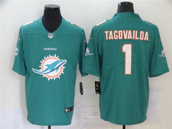 Men's Miami Dolphins #1 Tua Tagovailoa Aqua 2020 Team Big Logo Limited Stitched NFL Jersey