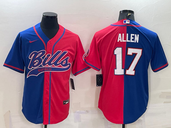 Men's Buffalo Bills #17 Josh Allen Royal/Red Split With Patch Cool Base Stitched Baseball Jersey