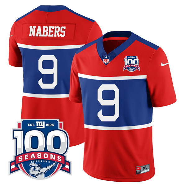 Men's New York Giants #9 Malik Nabers Century Red 100TH Season Commemorative Patch Limited Football Stitched Jersey
