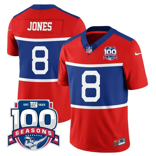 Men's New York Giants #8 Daniel Jones Century Red 100TH Season Commemorative Patch Limited Football Stitched Jersey