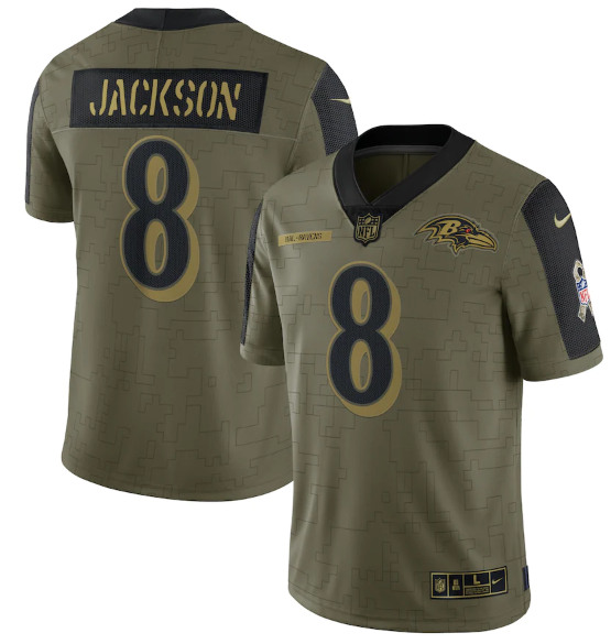 Men's Baltimore Ravens #8 Lamar Jackson 2021 Olive Salute To Service Limited Stitched Jersey