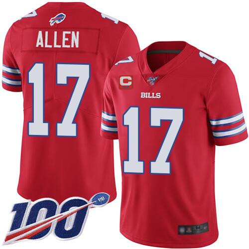 Men's Buffalo Bills #17 Josh Allen 100th Season Red With C Patch Vapor Untouchable Limited Stitched NFL Jersey