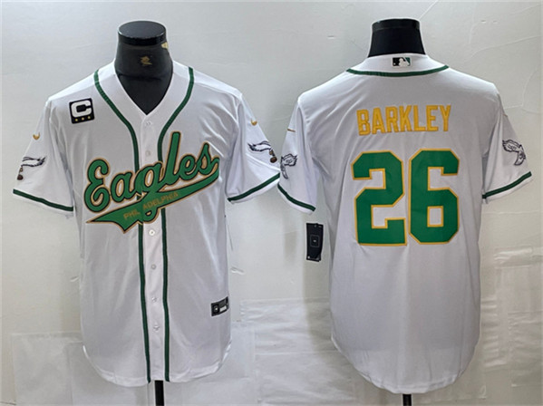 Men's Philadelphia Eagles #26 Saquon Barkley White/Gold With 3-star C Patch Cool Base Baseball Stitched Jersey
