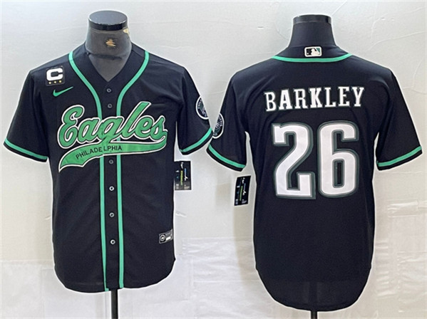 Men's Philadelphia Eagles #26 Saquon Barkley Black With 3-star C Patch Cool Base Baseball Stitched Jersey
