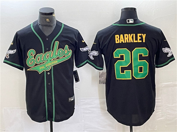 Men's Philadelphia Eagles #26 Saquon Barkley Black/Gold Cool Base Baseball Stitched Jersey