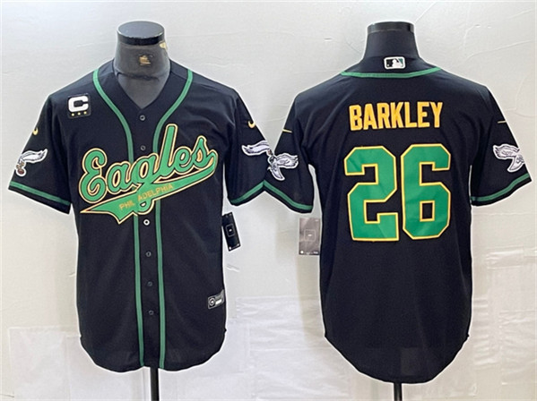 Men's Philadelphia Eagles #26 Saquon Barkley Black/Gold With 3-star C Patch Cool Base Baseball Stitched Jersey