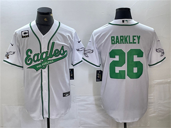 Men's Philadelphia Eagles #26 Saquon Barkley White With 3-star C Patch Cool Base Baseball Stitched Jersey