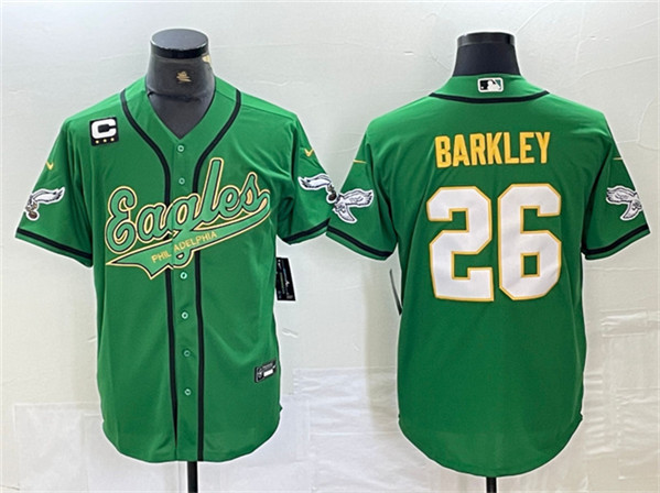 Men's Philadelphia Eagles #26 Saquon Barkley Green/Gold With 3-star C Patch Cool Base Baseball Stitched Jersey