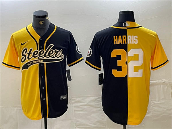 Men's Pittsburgh Steelers #32 Franco Harris Yellow/Black Split With Patch Cool Base Stitched Baseball Jersey