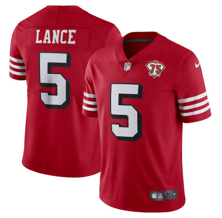 Men's San Francisco 49ers #5 Trey Lance 2021 Scarlet 75th Anniversary Alternate Vapor Untouchable Stitched NFL Jersey (Check description if you want Women or Youth size)