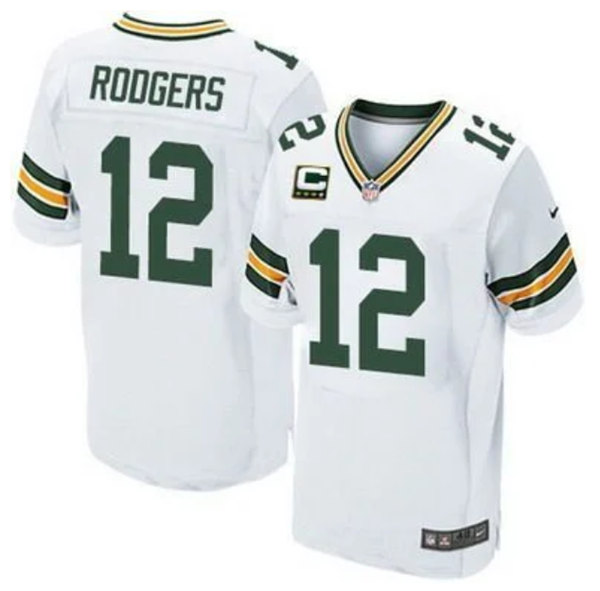 Men's Green Bay Packers #12 Aaron Rodgers White With C patch Stitched Jersey