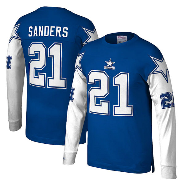 Men's Dallas Cowboys #21 Deion Sanders Royal Mitchell & Ness Throwback Long Sleeve Stitched Jersey